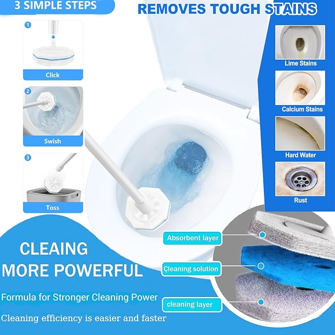 60pcs Count Toilet Bowl Wand Refills,Toilet brush,Disposable Toilet Cleaner Refills,Thickened Cleaning Layer,Won't Fall Apart,for Ceramics and Bathroom Cleaning (Blue)