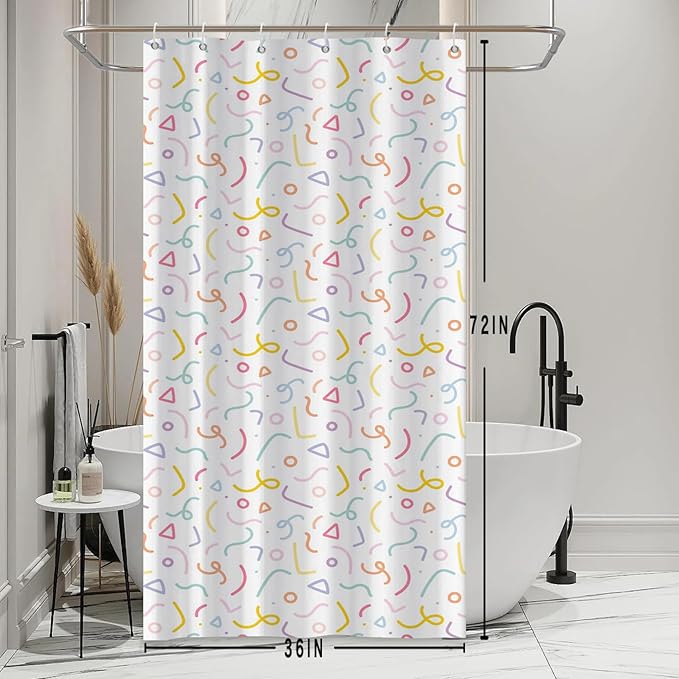 Cute Colorful Doodle Shower Curtains Playful Confetti Shower Curtain Decorative for Bathroom Pastel Waterproof Fabric Bathroom Decorations with Hooks 36x72 Inches