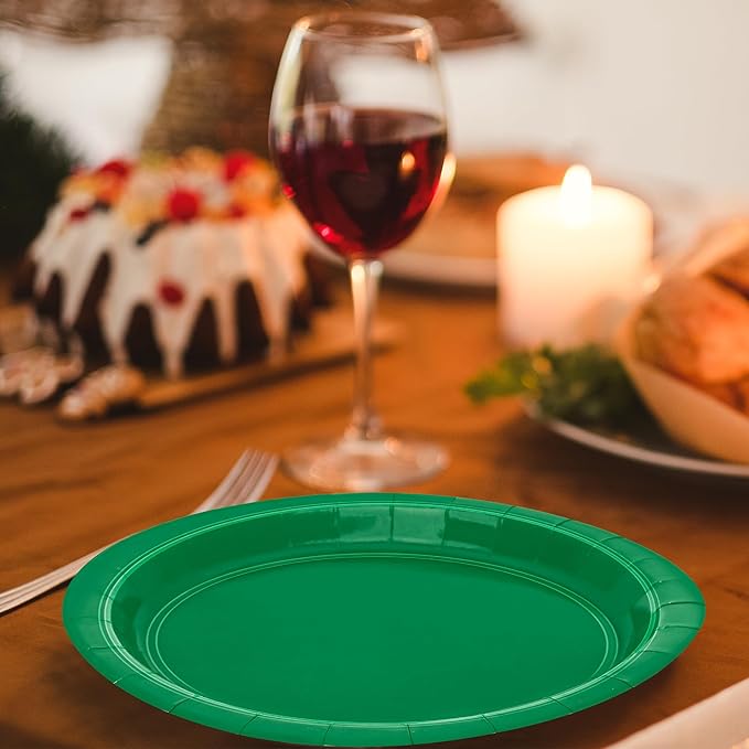 QZYL 50 PCS Disposable Paper Plates, 9 Inches Dinner Paper Plates Set, Green Heavy Duty Tableware, Round Dinnerware for Daily Use Picnic Anniversary Birthday St Patricks Day Party Supplies