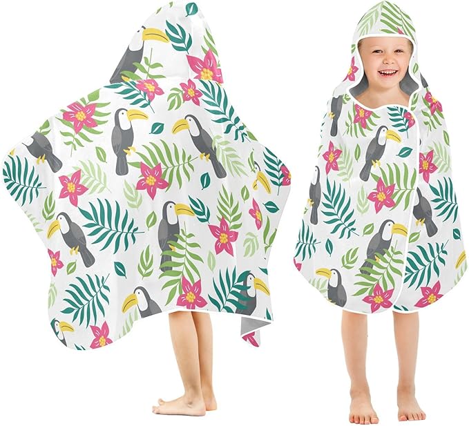 susiyo Kids Hooded Bath Towel Toucan Flowers Beach Towel for Kids 23.5 x 50 Inch Microfiber Soft Absorbent Quick Dry Bath Swim Pool Towel Wrap Poncho Bathrobe with Hood for Kids Toddler