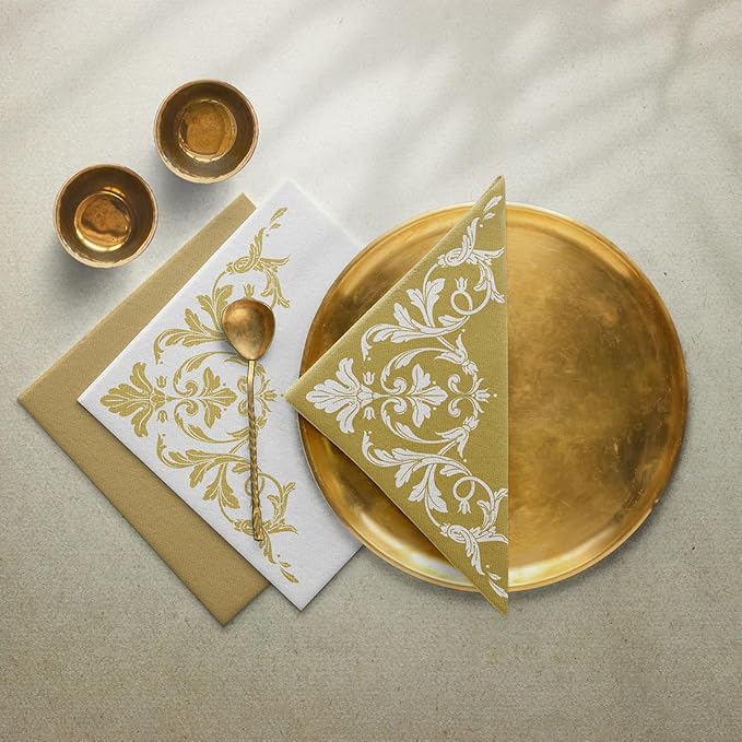 PAW - 50 Pieces Linen-Feel Paper Paper Napkins 16" x 16", Disposable Cloth-Like Napkins with Reverse Gold Design, Dinner Napkins for Party, Wedding, Christmas