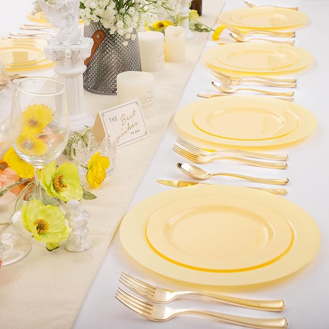 FLOWERCAT 60PCS Yellow Plates - Heavy Duty Yellow Plastic Plates Disposable 10.25inch & 7.5inch for Birthday Party/Wedding/Spring - Serve for 30 guests