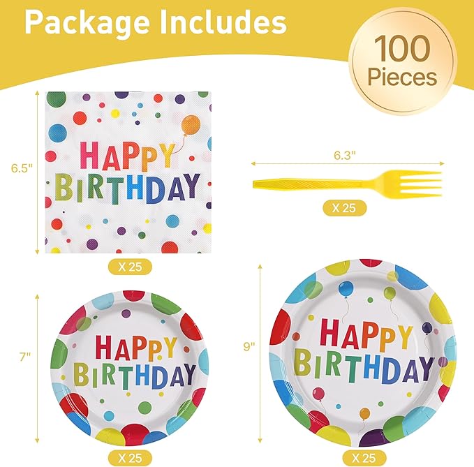 100 Pcs Birthday Party Supplies for 25 Guests, Heavy-Duty 7" & 9" Paper Plates, 2-Ply 13" Napkins & Plastic Forks, Disposable Rainbow Confetti "Happy Birthday" Tableware Set