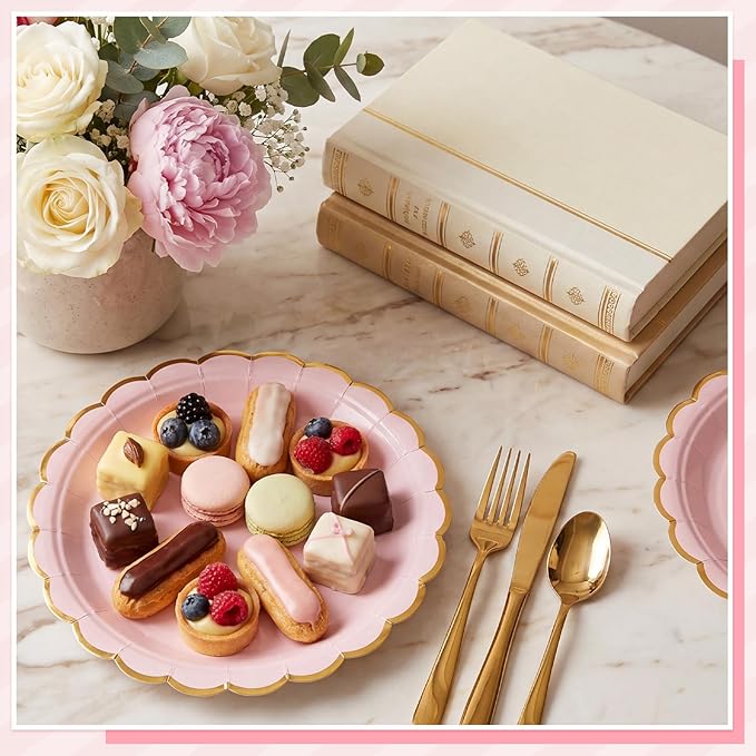 NatNarr 30 Pcs Pink Paper Plates 9 Inch Scalloped Pink and Gold Party Plates Cute Birthday Dessert Cake Plate for Girls Birthday, Baby Bridal Shower, Tea Party, Mothers Day