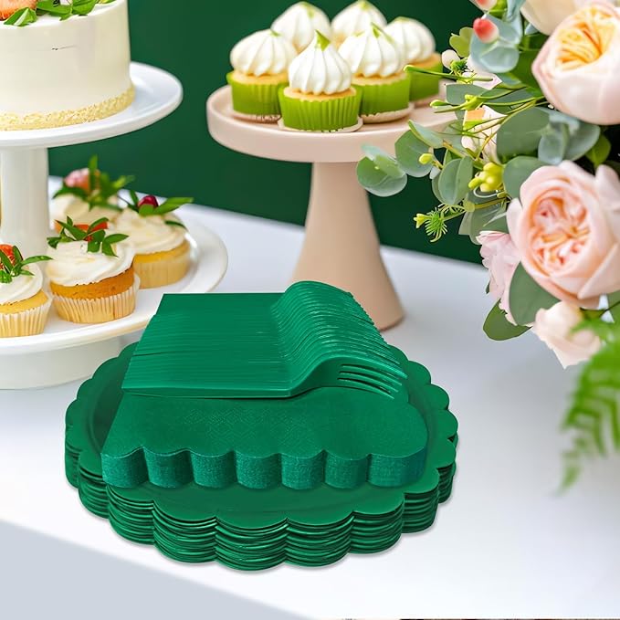 Dark Green Paper Plates and Napkins,7 Inch Dark Green Scalloped Disposable Dessert Plates Paper Napkin Fork Party Supplies for Wedding Baby Shower Birthday(25 Guest)