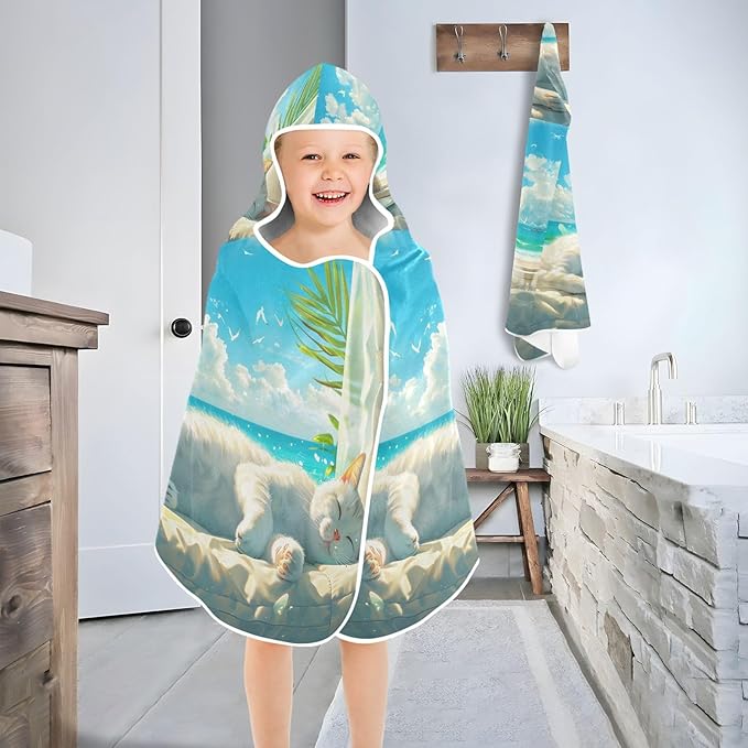Hooded Towel for Kids Cute White Cat Lying and Basking Beach Wrap Bath Towels 50x23.5in
