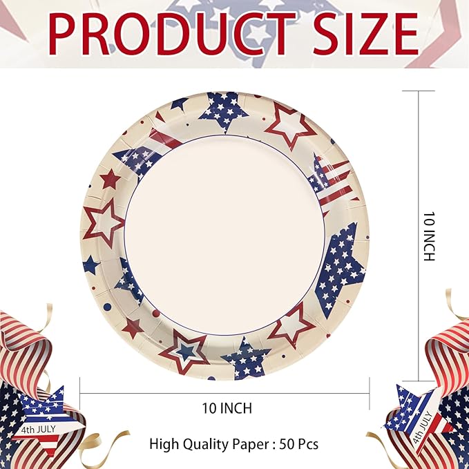 50Pcs Patriotic Paper Plates 10" Heavy Duty 4th of July Party Plates Disposable American Flag Platter Red Blue Stars Decorative Plate for Independence Day Memorial Day 250th Anniversary Party Supplies