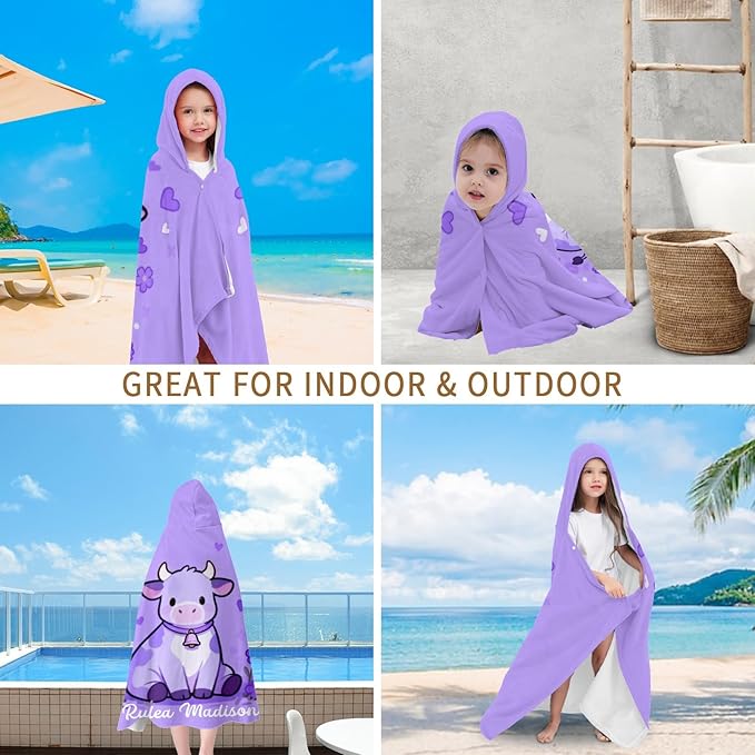 Cow Purple Bell Personalized Hooded Towel Absorbent Wrap Soft Pool Beach Bath Towels Hood Poncho for 5-12 Years Kids Boys Girls