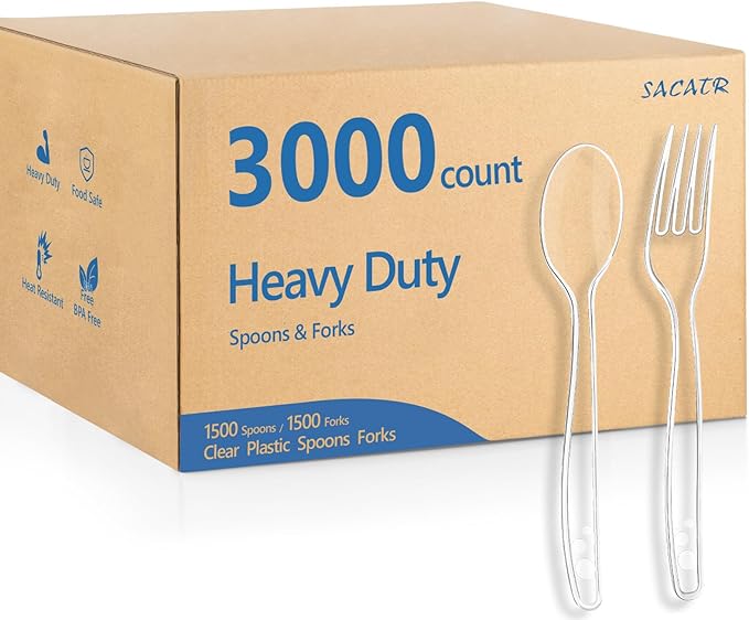 SACATR 3000 Count Plastic Silverware Heavy Duty -1500 Spoons, 1500 Forks, BPA-Free, Heat Resistant, Disposable Utensils Set, Plastic Cutlery Set, Plasticware Bulk for Party