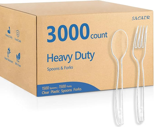 SACATR 3000 Count Plastic Silverware Heavy Duty -1500 Spoons, 1500 Forks, BPA-Free, Heat Resistant, Disposable Utensils Set, Plastic Cutlery Set, Plasticware Bulk for Party