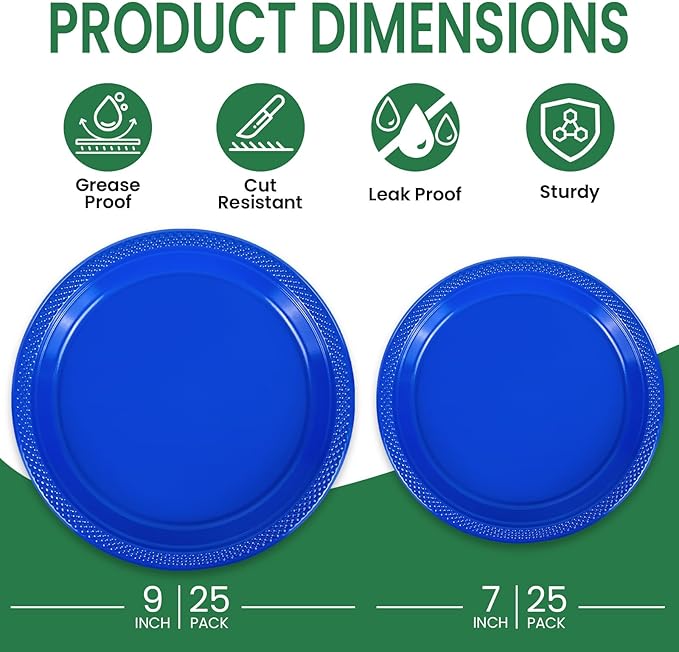 LANLISA 50 Pcs Blue Plastic Plates For Party, 25-9" & 25-7" Disposable Cake Dessert Plates For Birthday, Patriotic Decorations, Veterans Day Dinner