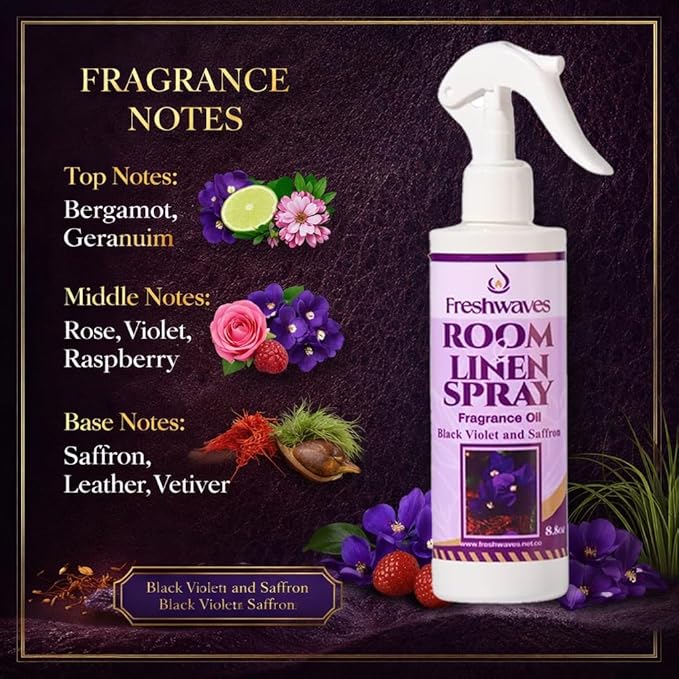 Freshwaves Black Violet & Saffron Fragrance Oil Spray | 8oz Air Freshener | Room Odor Eliminator for Living Room, Bedroom, Bathroom & Office