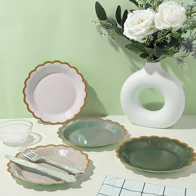 48 Pcs Gradient Sage Green Paper Plates 7 Inch Scalloped Disposable Dessert Plate for Coquette Bridal Pink Bow Wedding Birthday Baby Shower Party Supplies