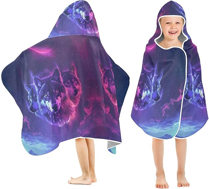 Hooded Towel for Kids Neon Wolves with Sharp Eyes Beach Wrap Bath Towels 50x23.5in