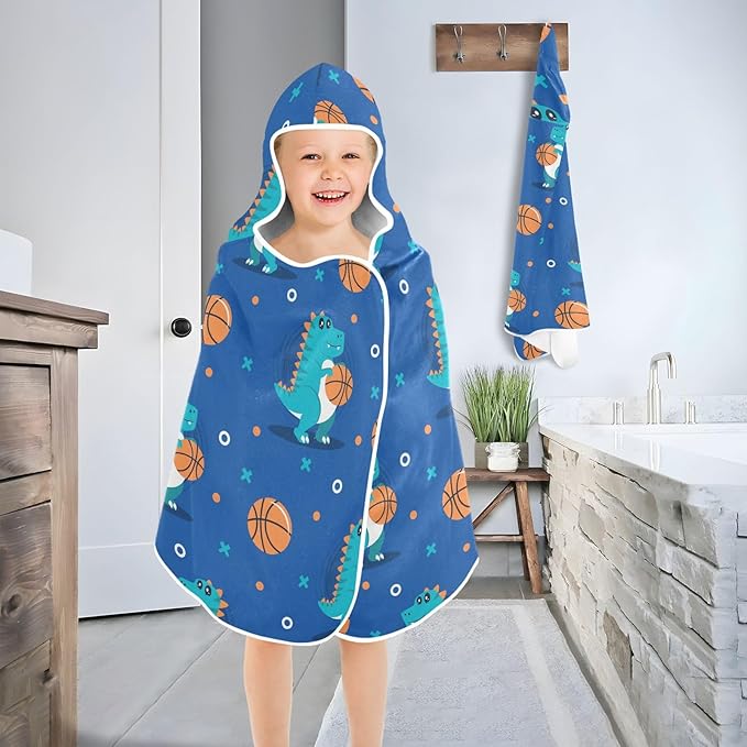 susiyo Kids Hooded Bath Towel Dinosaur Play Basketball Beach Towel for Kids 23.5 x 50 Inch Microfiber Soft Absorbent Quick Dry Bath Swim Pool Towel Wrap Poncho Bathrobe with Hood for Kids Toddler