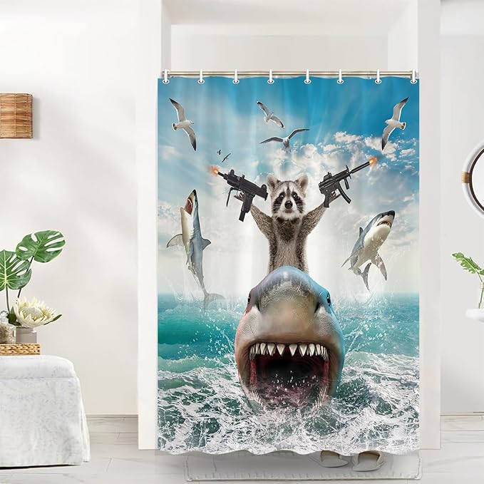TOMOZ Funny Animal Shower Curtain, Cool Raccoon Riding Shark Theme Ocean Shower Curtain for Bathroom, Fun Nautical Kids Children Fabric Bath Curtain with 12 Hooks 48 x 70Inch