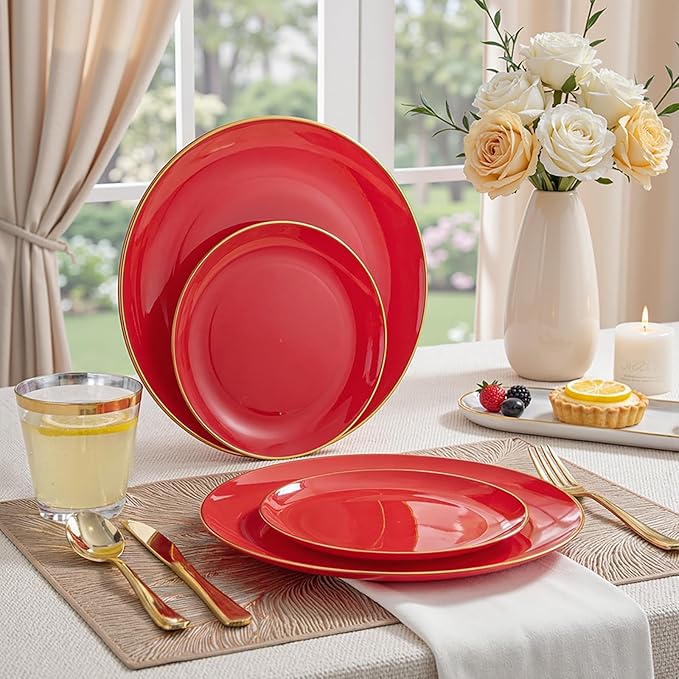 WDF 300Pcs Red Disposable Plates - Red Plastic Plates - 50guest Disposable Dinnerware Include 50 Dinner Plate, 50 Dessert Plate, 150 Cutlery & 50 9oz Cups for Wedding/Birthday/Party