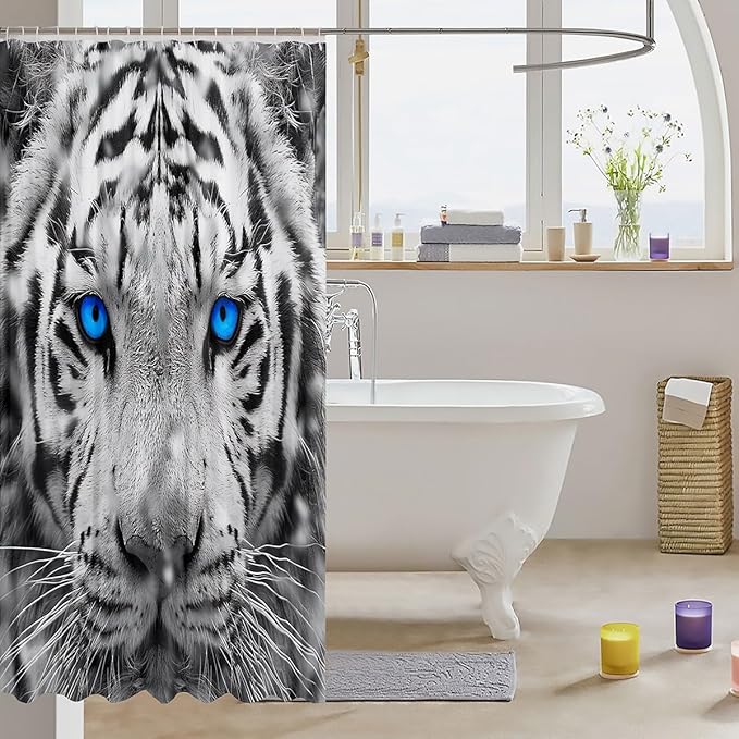 Erosebridal White Tiger Shower Curtain 72" Wx72 L 3D Animal Print for Kids Boys Teens Bath Curtain Chic Wild Animal Skin Design Tiger Waterproof Shower Curtain Big Cat Wild Animal Room Decor