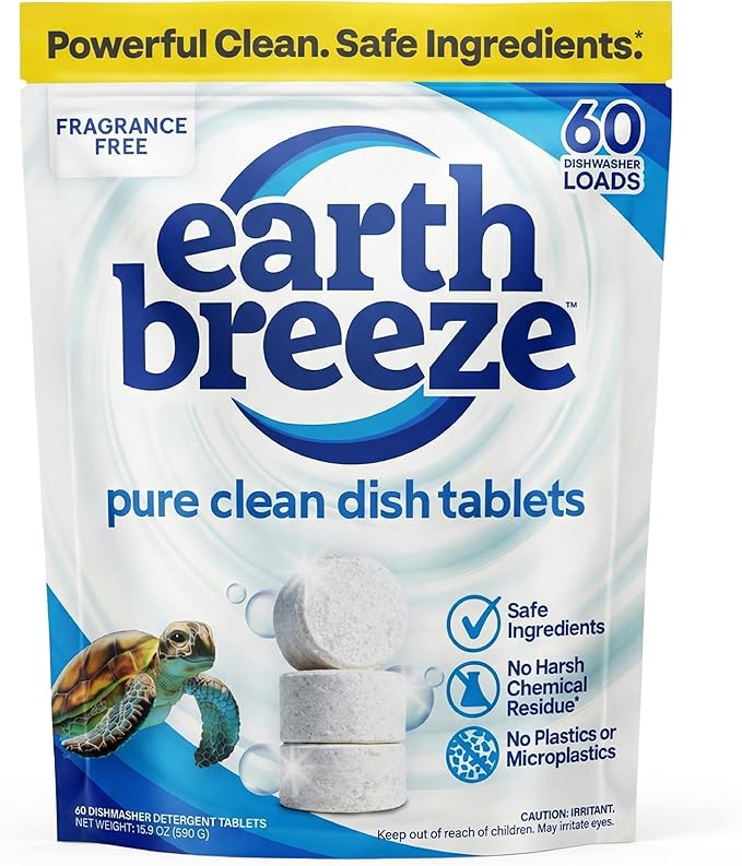 Earth Breeze Dishwasher Detergent Tablets, 60 Count, 100% Plastic-Free Tablets, Free & Clear with No Harsh Chemicals, 3-in-1 Triple Enzyme Formula, Eco-Friendly Dish Washing Pods, HE Safe, Made in USA