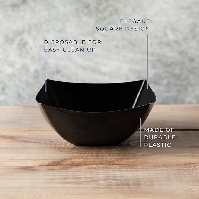 PLASTICPRO Disposable Square Serving Bowls, Party Snack or Salad Bowl, Plastic Black Pack of 4, 16 OUNCE, Black