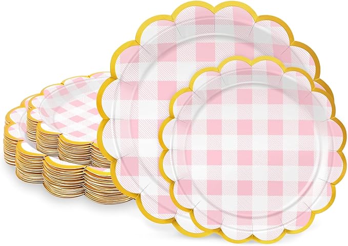 50 Pcs Pink and White Checkered Paper Plates, 25 Pcs 9" and 25 Pcs 7" Disposable Pink Gingham Scalloped Plates with Gold Foil for Graduation Wedding Baby Shower Birthday Party Picnic BBQ