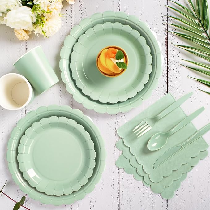 Vyntra 175 Pcs Sage Green Birthday Paper Plates and Napkins Set for 25 Guests, Disposable Party Supplies, 9" Dinner Plates & 7" Dessert Plates