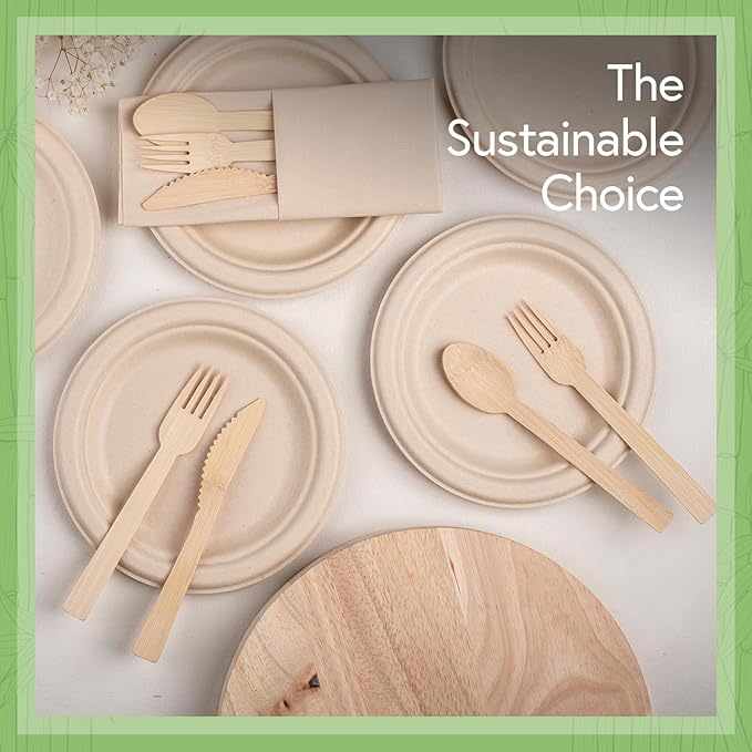 Jenvita Bamboo Biodegradable Plates (50-Pack, 7-inch) | Sturdy & Microwave Safe | Heavy Duty Microwavable Disposable Plates | PFAS Free, Biodegradable | FSC Certified Alternative to Plastic