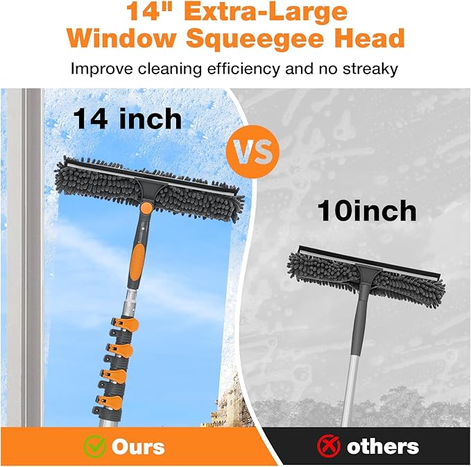 20FT Reach Window Squeegee with 5-13 FT Extension Poles, Extra-Large 14" Window Squeegee Window Cleaning Kit with Telescopic Pole,Window Cleaner Tool with Adjustable Head, for High Window, Glass, RV