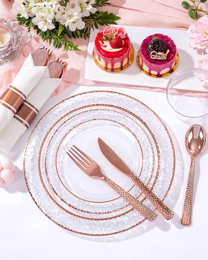 Ciaell 350PCS Rose Gold Plastic Plates - Clear Rose Gold Disposable Plates with Plastic Silverware include 100Plates, 150Silverware, 50Cups, 50Napkins for Wedding & Party