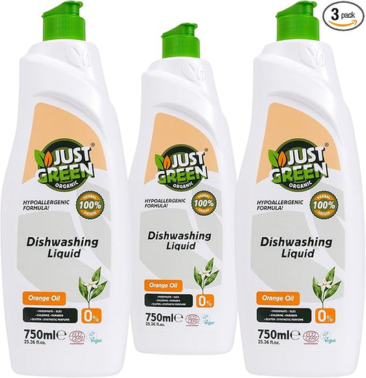 Dish Soap, Plant-Based Dishwashing Liquid, Non-Toxic, Hypoallergenic, EcoCert Certified, Vegan, Grease-Cutting, Orange Scent, 25.3 fl oz (750 ml) - 3 Pack