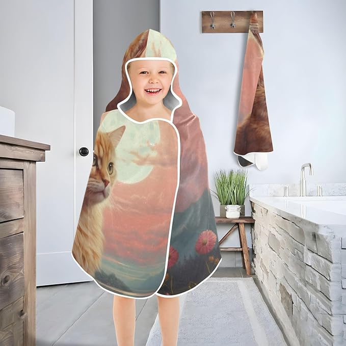 Hooded Towel for Kids Orange Cat and Pink Flowers Near The River Beach Wrap Bath Towels 50x23.5in