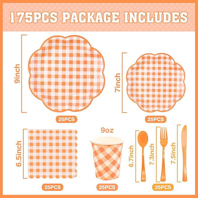 175 Pcs Orange and White Gingham Party Supplies - Orange Gingham Paper Plates and Napkins Sets Serve 25 - Disposable Scalloped Checkered Plates for Birthday Dinner Picnic BBQ Fall Party Decorations