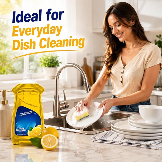 Liquid Dish Soap, Lemon Scent Dishwashing Liquid, Grease Cleaning Formula with Easy Flip Cap, Large 52 fl oz Bottle for Kitchen Use