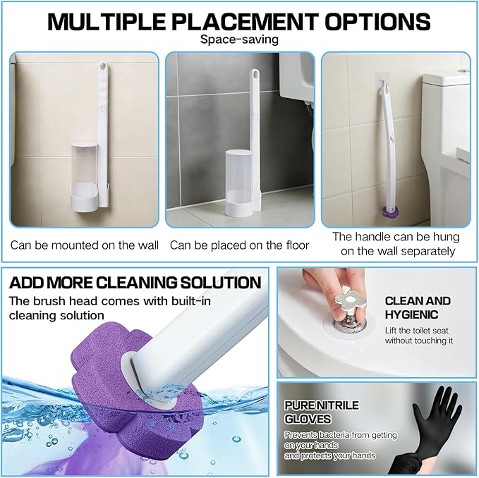 39 Pcs Toilet Deep Cleaning Set - Wall-Mounted Disposable Toilet Bowl Cleaner Wand with 18 Toilet Brush Refill Heads, 10 Pcs Crevice Cleaning Brushes, 10 Pcs Nitrile Gloves & 1 Pc Toilet Seat Lifter