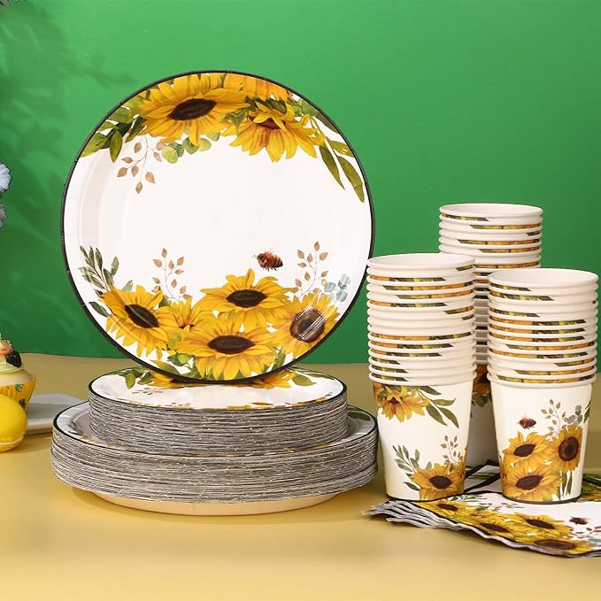 Sunflower Party Decorations, Sunflower Plates and Napkins Party Supplies Serves 50, for Birthday Bee Baby Shower Bridal Shower, Easter Mother's Day, Summer Fall Thanksgiving Decorations