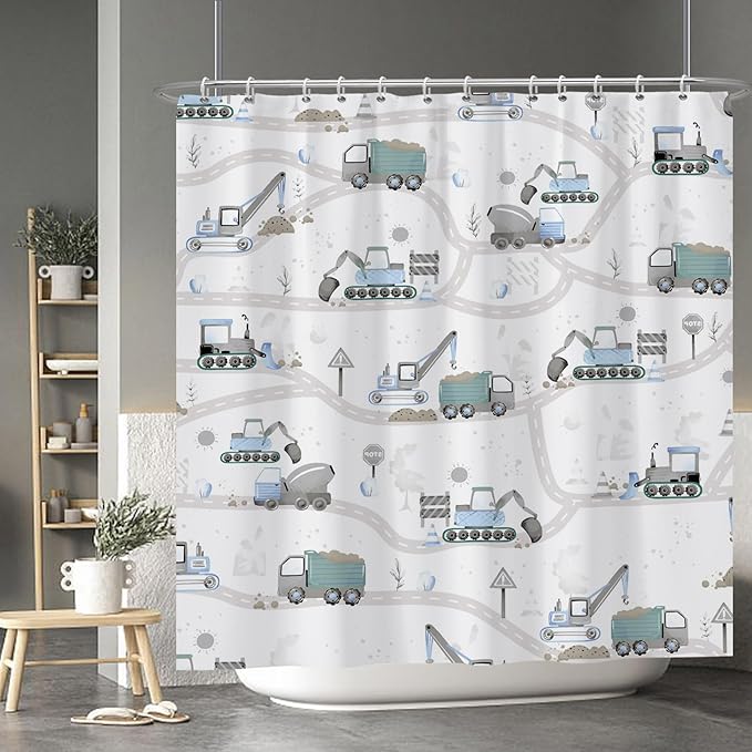 Excavator Kids Shower Curtain Sets Cartoon Construction Truck Tractor Car Bathroom Decor Fabric Polyester Waterproof 72x72 Inches with 12 Hooks for Boys Machinery Vehicle Bath Curtains
