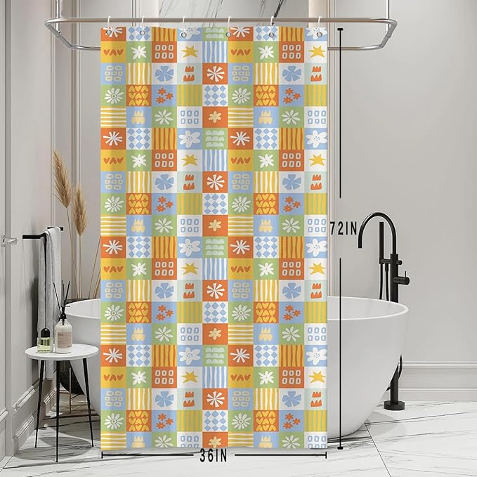 Boho Checkered Floral Shower Curtain Set Multicolored Geometric Flower Print Shower Curtains for Bathroom Waterproof Fabric Bathtub Decorations with Hooks 36x72 Inches