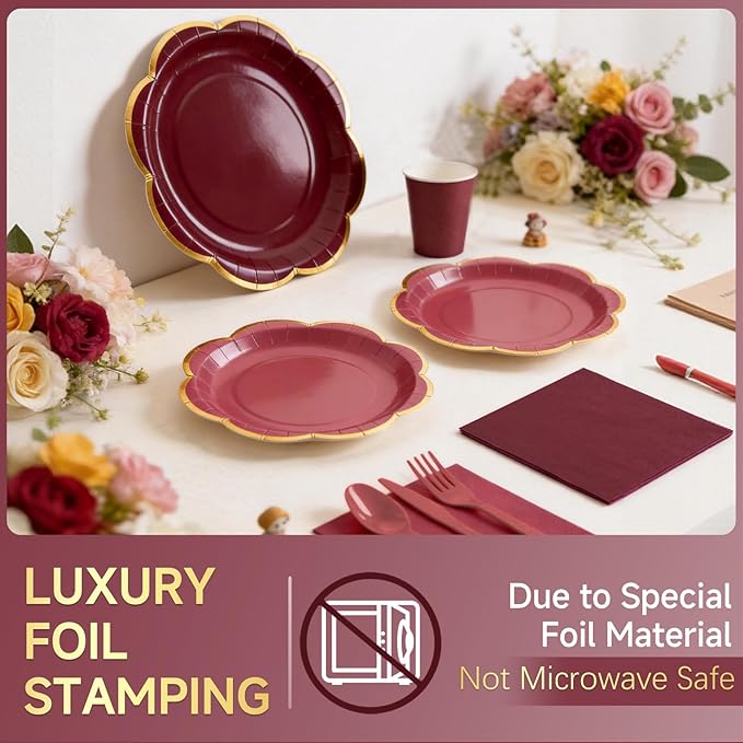 350Pcs Burgundy Paper Plates and Napkins Party Supplies,Maroon Scalloped Plates with Gold Rim,Burgundy Disposable Plates Set for Women Girls Birthday Weddings Bridal Shower Grad Party Decor,Serves 50