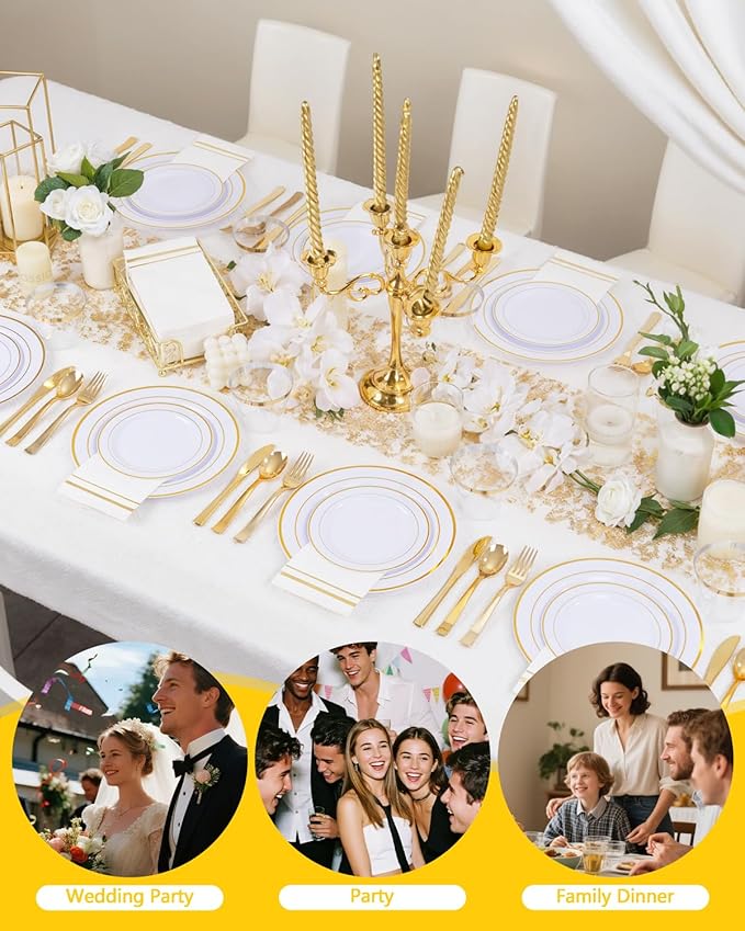 GATHER 700PCS Gold Plastic Plates - Whtie and Gold Disposable Dinnerware Sets 100Guest - 200 Disposable Plate, 300 Plastic Silverware, 100 Cups, 100 Napkins for Wedding & Party