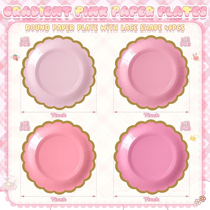48 Pcs Valentine's Day Pink Paper Plates 7 Inch Gradient Pink Scalloped Disposable Dessert Plate for Women Coquette Bridal Wedding Birthday Galentine's Baby Shower Party Supplies