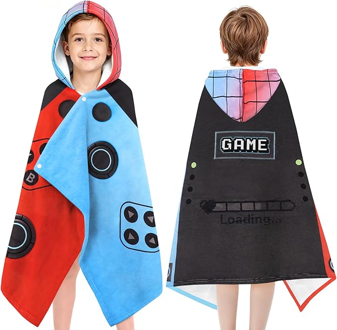 Hooded Towels for Kids - Superfine Fiber Video Game Gamepad Toddler Hood Bath Towels Beach Hooded Poncho Absorbent Pool Toddler Swim Bath Wrap for Boys & Girls 3-10 Years, 50 * 30 inches