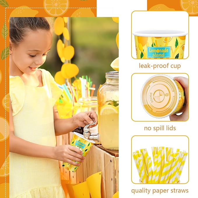 Tessco 150 Pcs 50 Sets Lemonade Paper Cups with Lids and Straws 16 oz Disposable Iced Coffee Paper Cup Summer Cold Cups for Lemonade Stand Supplies Fruit Party Beverages Drinks Juices