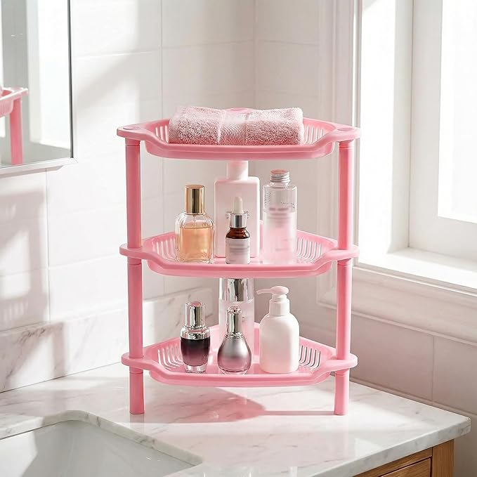 3 Tier Pink Shower Caddy Organizer - Multifunctional Corner Shelf For Bathroom, Kitchen, Dresser - Hollow Out Cosmetic Storage Rack, Countertop Holder