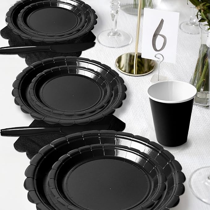 Vyntra 175 Pcs Black Disposable Paper Plates and Napkins Set for 25, 9" Dinner Plates & 7" Dessert Plates, Tableware for Birthday, Graduation, Wedding, Party