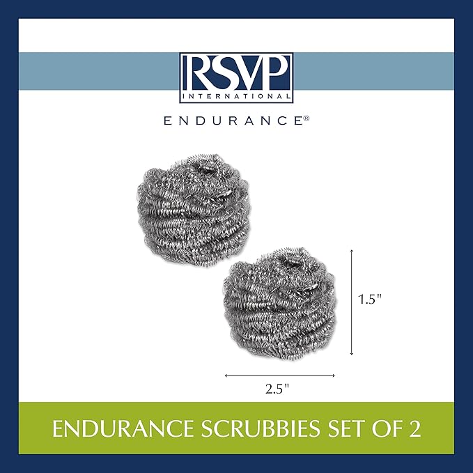 RSVP International Endurance Cleaning Collection Stainless Steel Scrubbies, Heat-Treated, Pressed & Curled, Long Lasting, Non-Rusting, Scrubber, 2 Piece