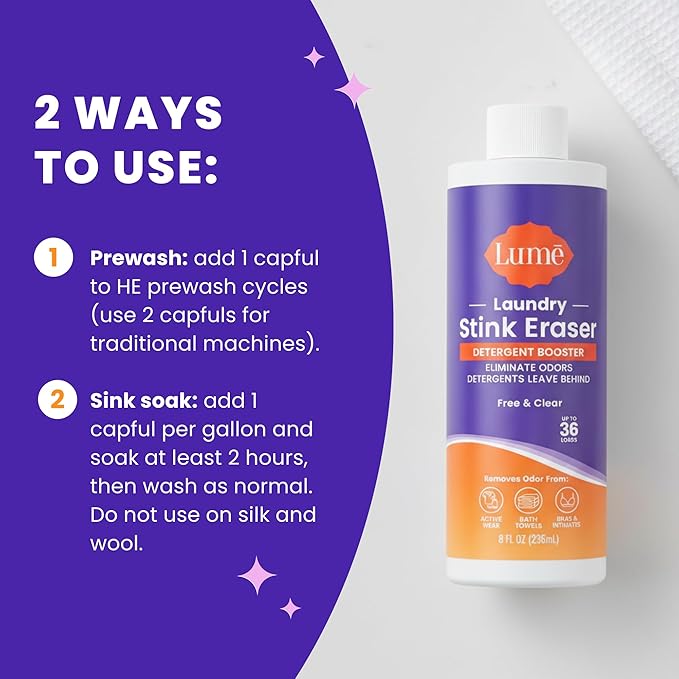 Lume Laundry Stink & Stain Eraser - Detergent Booster & Sink Soak - Eliminates Body Odor In Clothes - Odor Blasting Enzyme Blend - Make Your Detergent Work Better - Free & Clear - 8 fl oz (2 Pack)