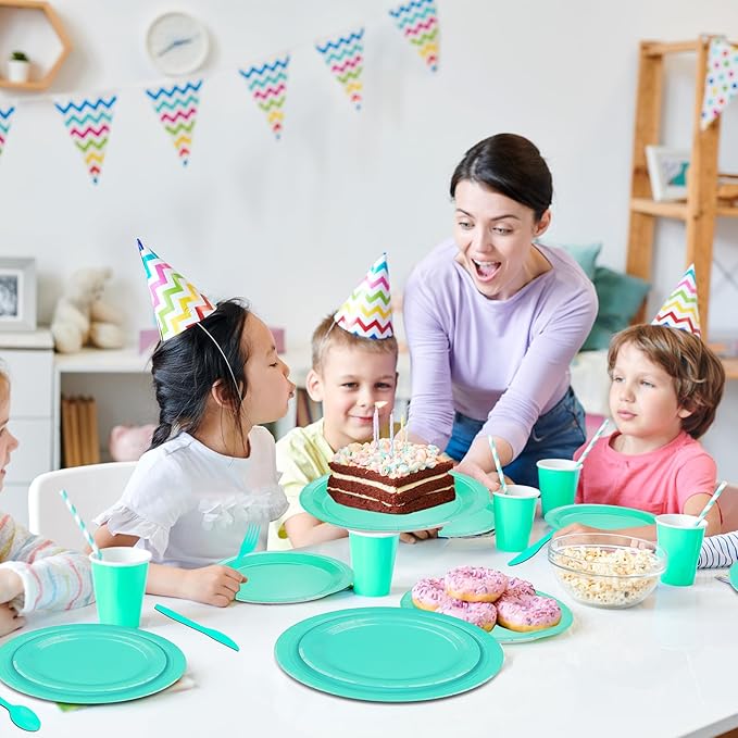 228PCS Teal Blue Party Supplies Set Include Paper Plates Cups Teal Blue Napkins Plastic Spoons Forks Knives for 30 Guests Disposable Party Dinnerware for Birthday Wedding Family Picnic