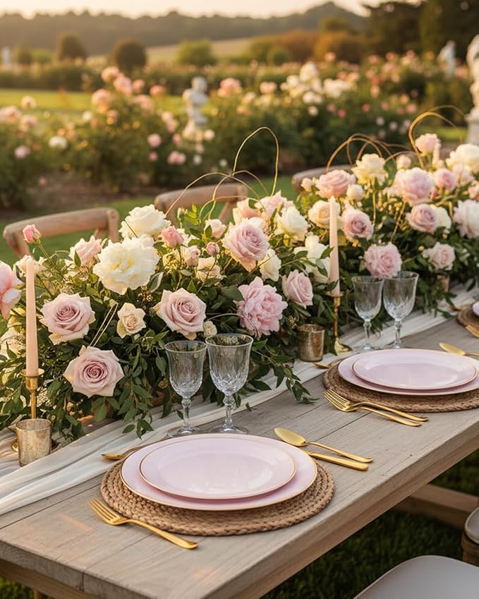 PULOTE 100PCS Pink Plastic Plates - Heavy Duty Pink and Gold Disposable for Party, Wedding, Mother's Day Include 50 Each (Dinner & Dessert) Plates