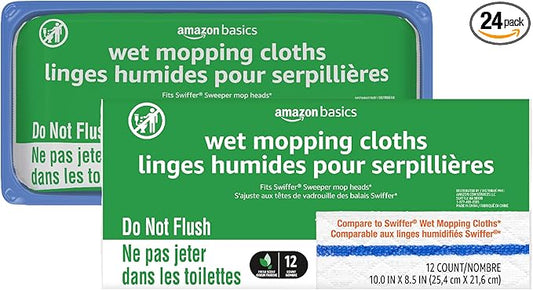 Amazon Basics Wet Mopping Cloth Refills, Multi-Surface Floor Cleaning, Fresh Scent, Low Streak, Disposable, 24 Count (Fits Swiffer Sweeper Mop Heads)
