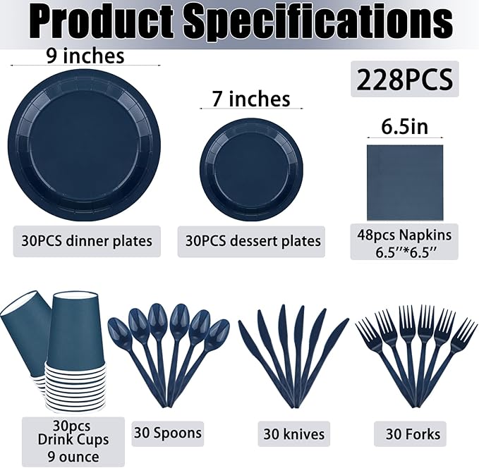 228PCS Navy Blue Party Supplies Set Include Paper Plates Cups Paper Napkins Plastic Spoons Forks Knives for 30 Guests Disposable Party Dinnerware for Birthday Wedding Family Picnic